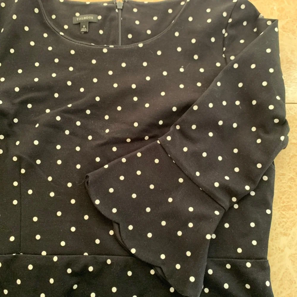 Talbots Polka Dot Dress 8 Black White Bell Sleeve Scalloped Hem Sheath Classic
